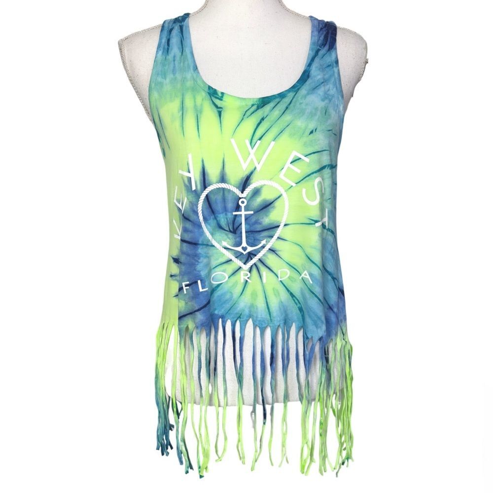 Beach by Exist Blue & Green Tie-Dye Swirl 'Key West Florida' Fringe-Hem Tank
